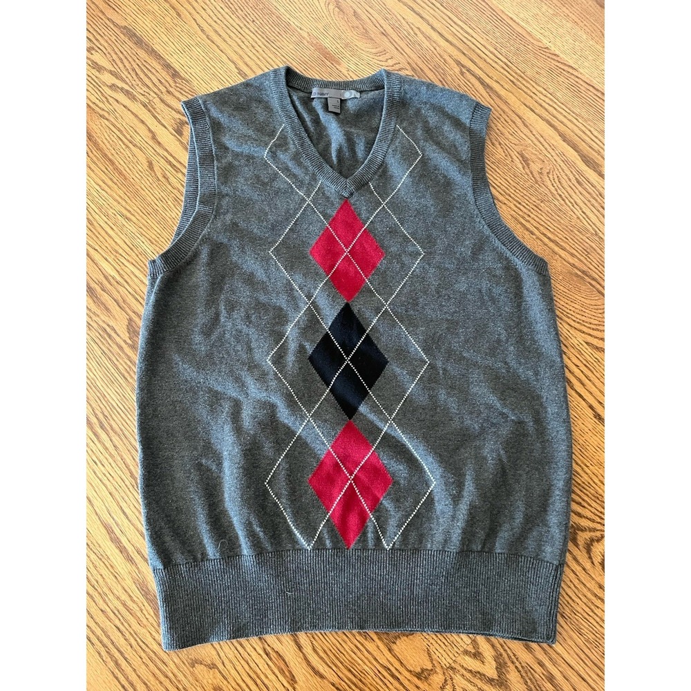 Mens Gray Red Black Argyle Sweater Vest Old Navy Size Small Preppy Work Casual